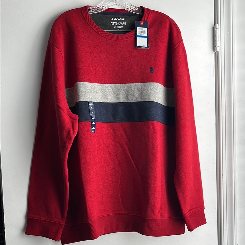 Izod Men's Red Sweatshirt with Grey & Blue Stripes
